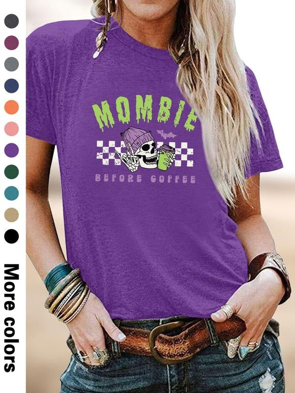 Women's Halloween Skull Letter Print Round Neck Short Sleeve T-Shirt, Soft Comfortable Fabric, Casual Fitted Top, All...