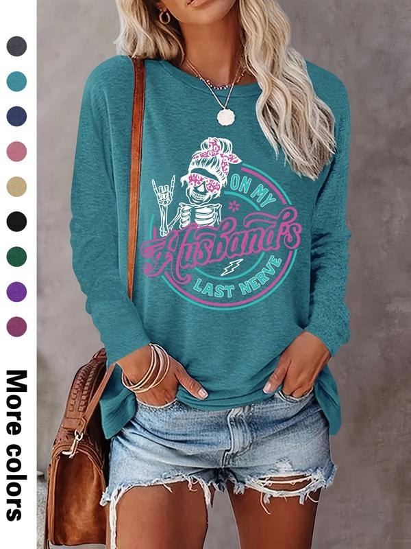 Women's Halloween Skull Letters Print Long Sleeve Round Neck T-Shirt, Casual Fitted Top, Soft Comfortable Fabric,...