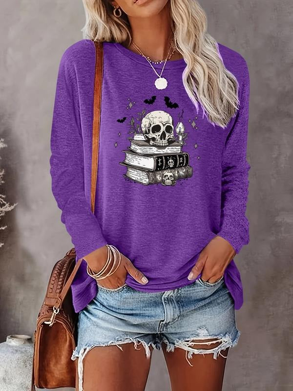 Women's Halloween Skull Print Long Sleeve Casual Fitted T-Shirt, Comfortable Fabric, Available in 8 Colors, All Seasons...