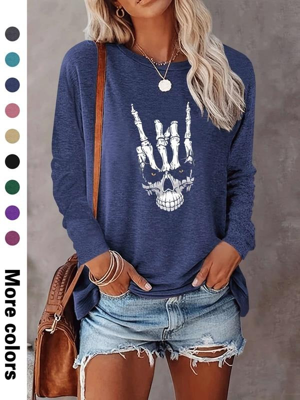 Women's Halloween Skull Print Long Sleeve Casual Fitted T-Shirt, Comfortable Fabric, Available in 9 Colors, All Seasons...