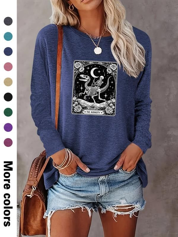 Women's Halloween Skull Print Long Sleeve Casual Fitted T-Shirt, Comfortable Fabric, Available in 9 Colors, All Seasons...