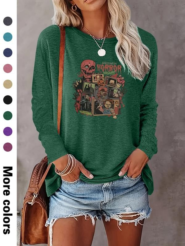 Women's Halloween Skull Print Long Sleeve Casual Fitted T-Shirt, Comfortable Fabric, Available in 9 Colors, All Seasons...