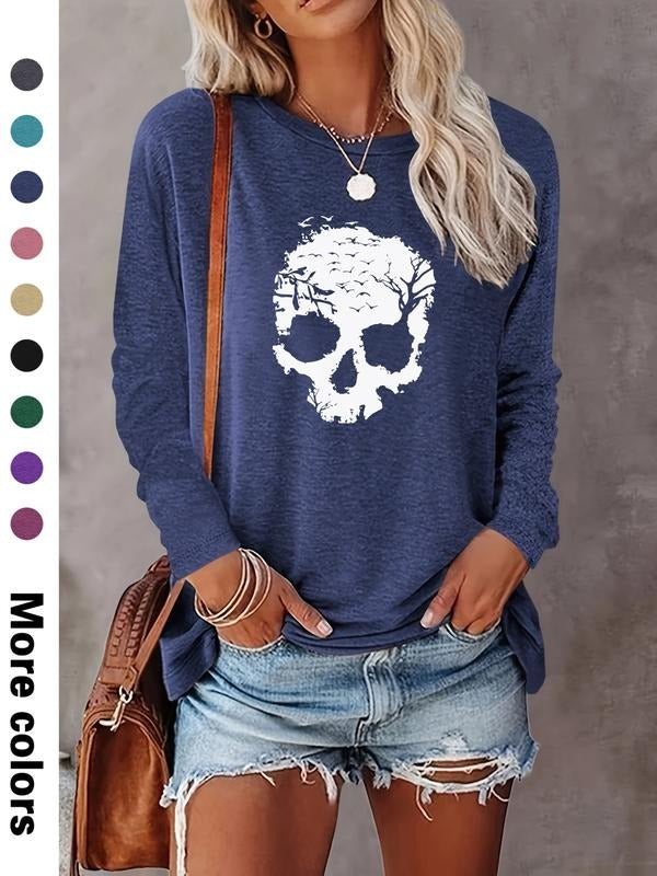 Women's Halloween Skull Print Long Sleeve Casual Fitted T-Shirt, Comfortable Fabric, Available in 9 Colors, All Seasons...