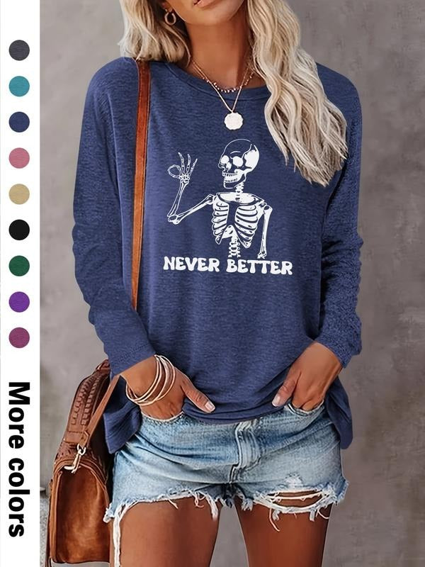 Women's Halloween Skull Print Long Sleeve Casual Fitted T-Shirt, Comfortable Fabric, Available in 9 Colors, Perfect for...