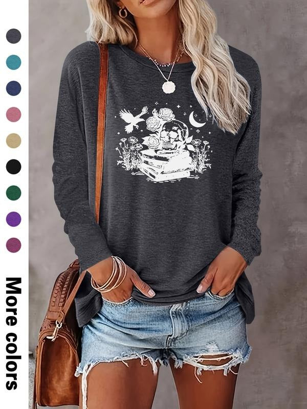Women's Halloween Skull Print Long Sleeve Casual Fitted T-Shirt, Comfortable Fabric, Available in 9 Colors, Perfect for...