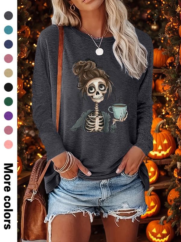 Women's Halloween Skull Print Long Sleeve Round Neck Fitted Casual T-Shirt, Comfortable Fabric, Available in 10 Colors,...