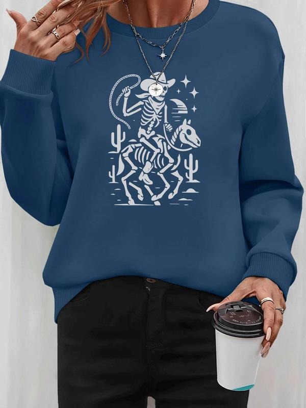 Women's Halloween Skull Print Long Sleeve Round Neck Pullover Sweatshirt, Casual Fitted Design, Available in 5 Colors...