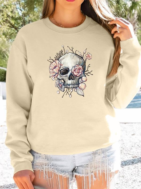 Women's Halloween Skull Print Long Sleeve Round Neck Pullover Sweatshirt, Casual Fitted Design, Available in 7 Colors...