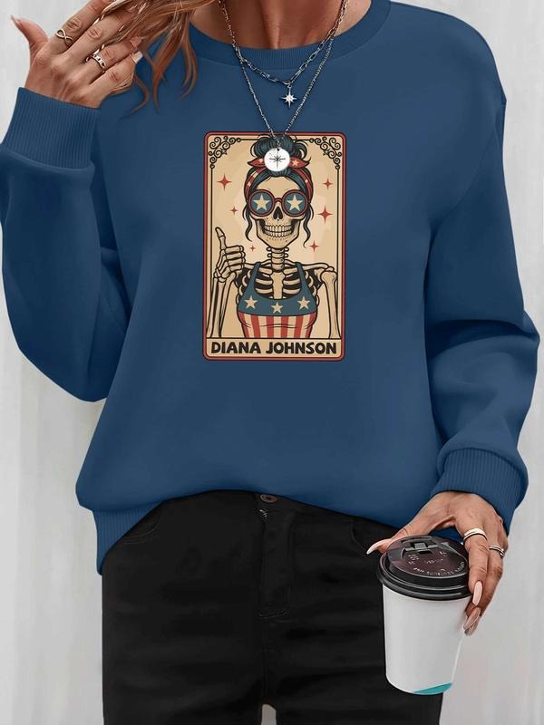 Women's Halloween Skull Print Long Sleeve Round Neck Pullover Sweatshirt, Casual Fitted Design, Available in 9 Colors...