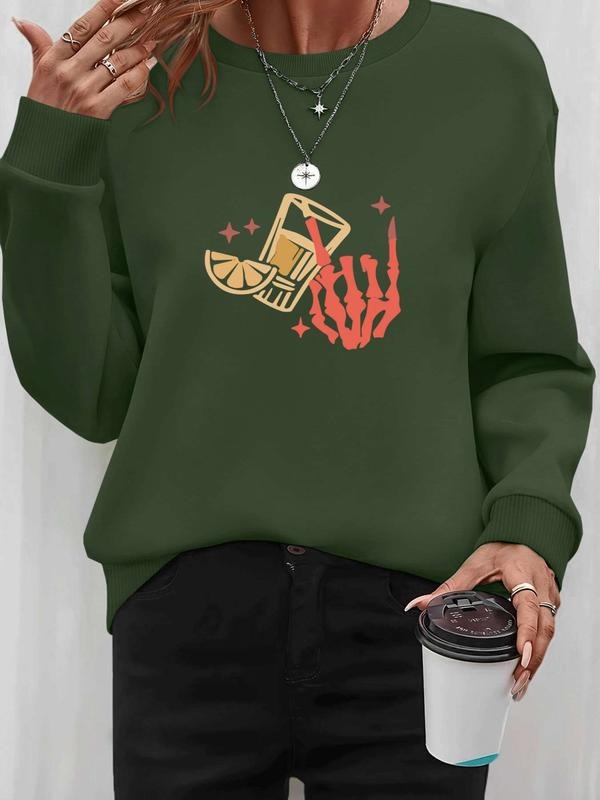 Women's Halloween Skull Print Long Sleeve Round Neck Pullover Sweatshirt, Casual Fitted Design, Available in 9 Colors...