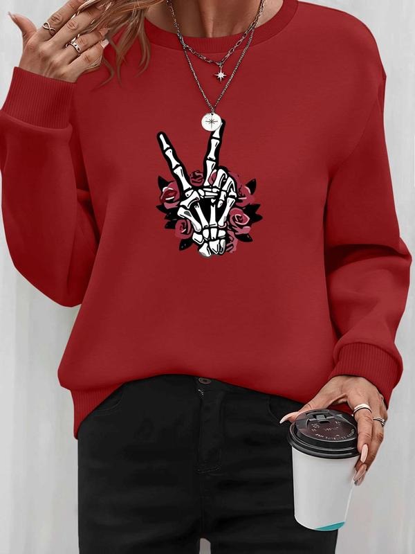 Women's Halloween Skull Print Long Sleeve Round Neck Pullover Sweatshirt, Casual Fitted Design, Available in 9 Colors...