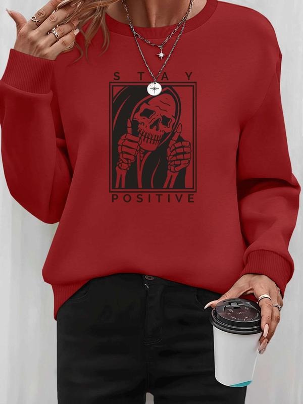 Women's Halloween Skull Print Long Sleeve Round Neck Pullover Sweatshirt, Casual Fitted Design, Fall & Winter Fashion,...