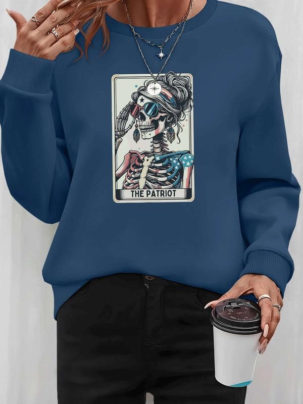 Women's Halloween Skull Print Long Sleeve Round Neck Pullover Sweatshirt, Casual Fitted Kint Fabric, Fall & Winter...