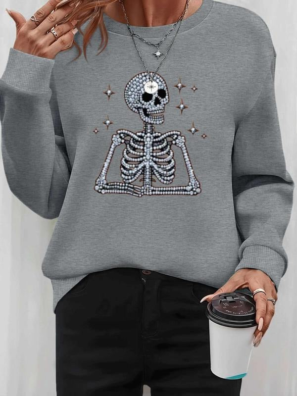 Women's Halloween Skull Print Long Sleeve Round Neck Pullover Sweatshirt, Casual Fitted Style, Fall & Winter Fashion, 9...
