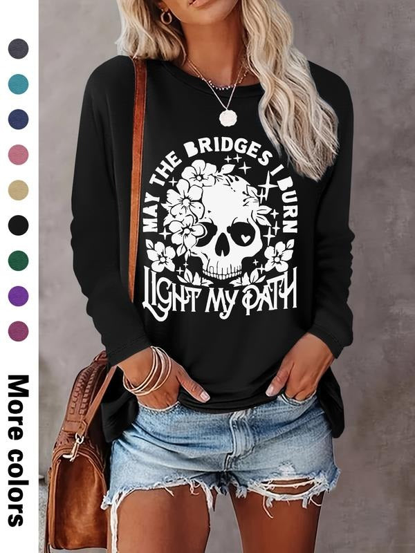 Women's Halloween Skull Print Long Sleeve Round Neck T-Shirt, Casual Fitted Top, Soft Comfortable Fabric, Available in 9...