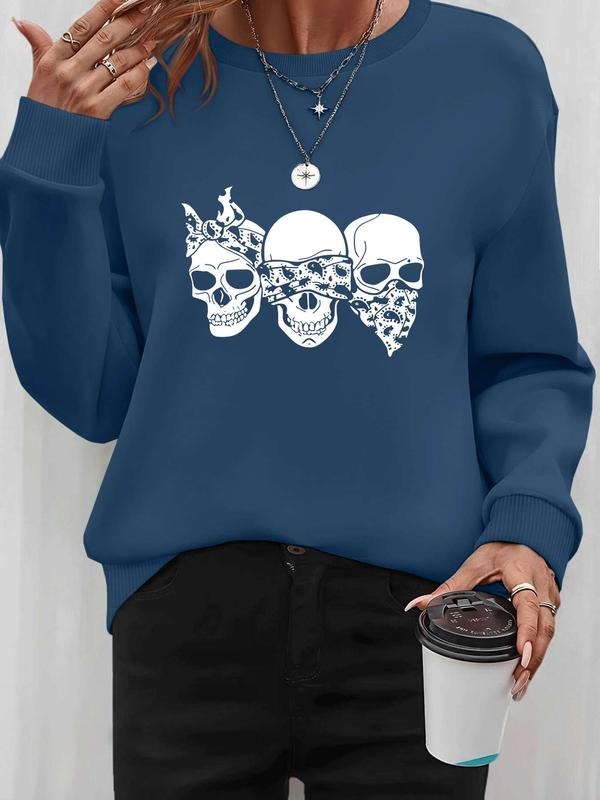 Women's Halloween Skull Print Pullover Sweatshirt, Casual Fitted Long Sleeve Top, Spring & Fall Fashion, Available in 6...