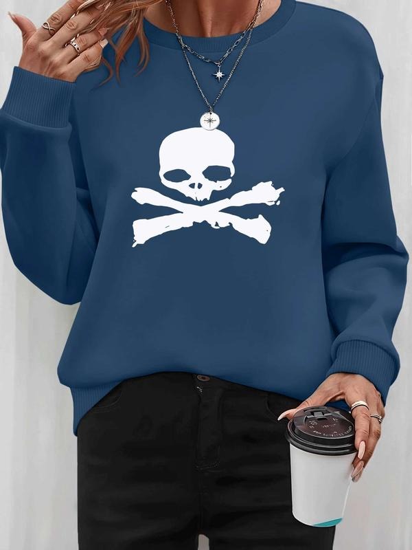 Women's Halloween Skull Print Pullover Sweatshirt, Casual Long Sleeve Fitted Top for Spring & Fall, Available in 6 Colors...