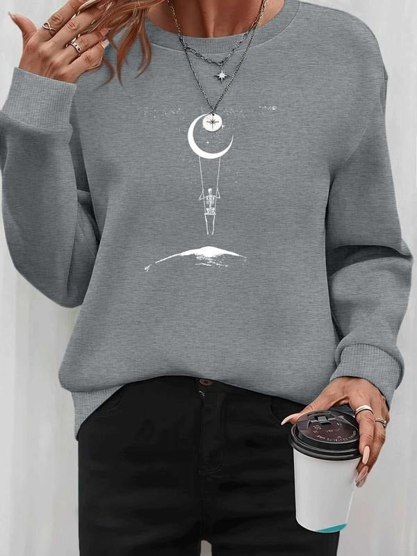 Women's Halloween Skull Print Pullover Sweatshirt, Casual Long Sleeve Fitted Top, Spring & Fall Fashion, Available in 6...