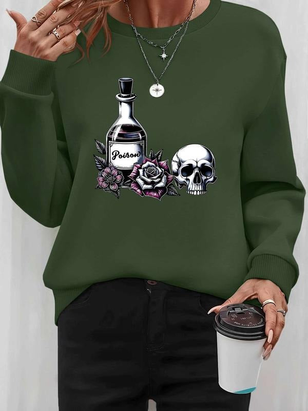 Women's Halloween Skull Print Pullover Sweatshirt, Casual Long Sleeve Fitted Top, Spring & Fall Fashion, Available in 7...