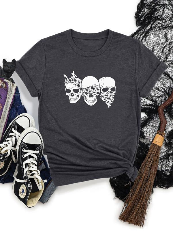 Women's Halloween Skull Print Round Neck Short Sleeve T-Shirt, Casual Fitted Top, Soft Comfortable Fabric, Available in...
