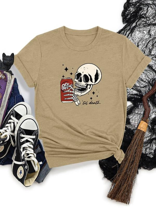 Women's Halloween Skull Print Round Neck Short Sleeve T-Shirt, Soft Comfortable Fabric, Casual Fitted Top, Available in...