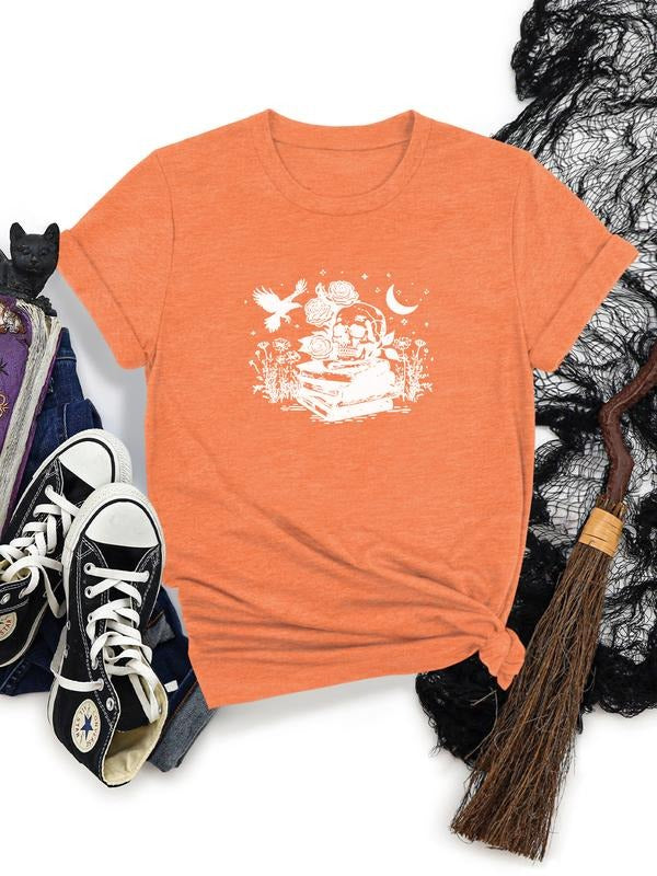 Women's Halloween Skull Print Round Neck Short Sleeve T-Shirt, Soft Comfortable Fabric, Casual Fitted Top, Available in...