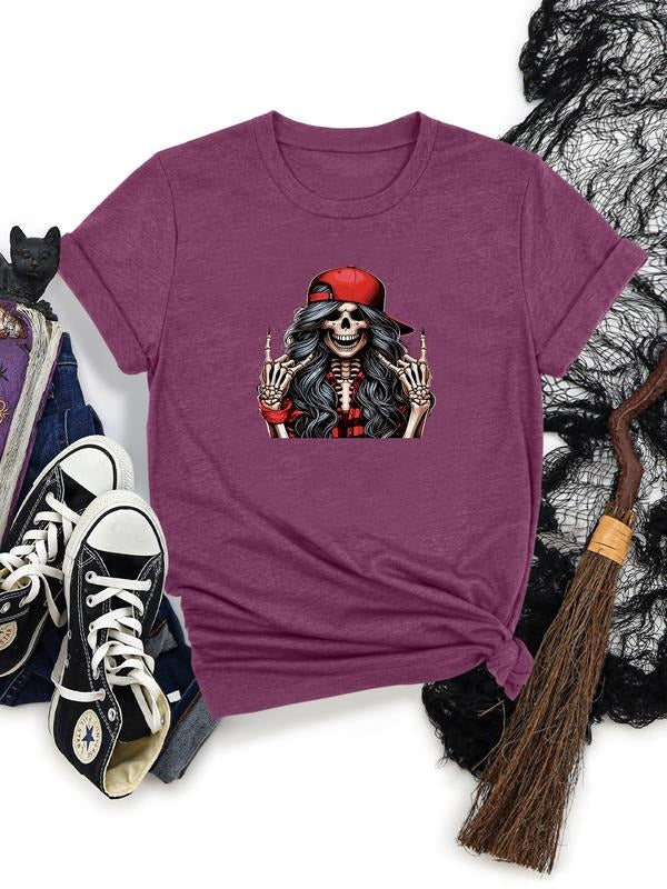Women's Halloween Skull Print Round Neck Short Sleeve T-Shirt, Soft Comfortable Fabric, Casual Style, Available in 11...