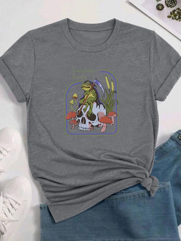 Women's Halloween Skull Print Short Sleeve T-Shirt, Casual Fitted Top, Comfortable Fabric, Available in 11 Colors, All...