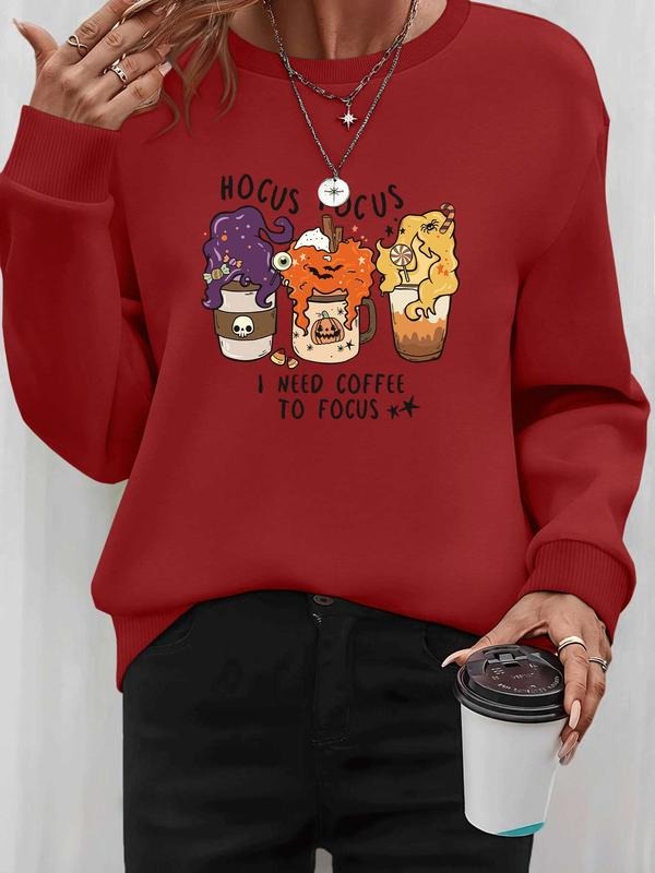 Women's Halloween Skull Pumpkin Letter Print Long Sleeve Round Neck Pullover Sweatshirt, Casual Fall & Winter Fashion, 8...