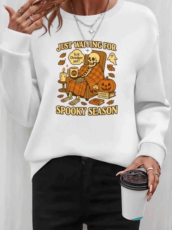 Women's Halloween Skull Pumpkin Letter Print Long Sleeve Round Neck Pullover Sweatshirt, Casual Fitted Fall Winter...