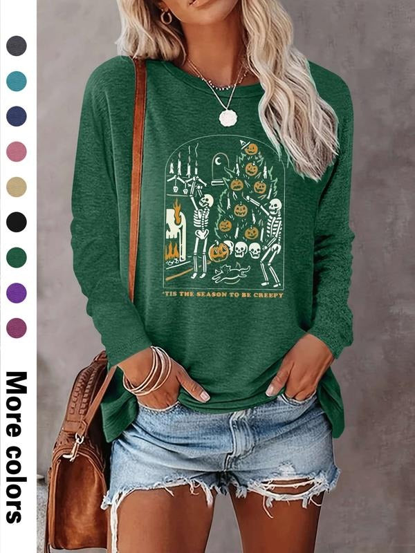Women's Halloween Skull Pumpkin Print Long Sleeve Casual Fitted T-Shirt, Comfortable Fabric, Available in 9 Colors style...