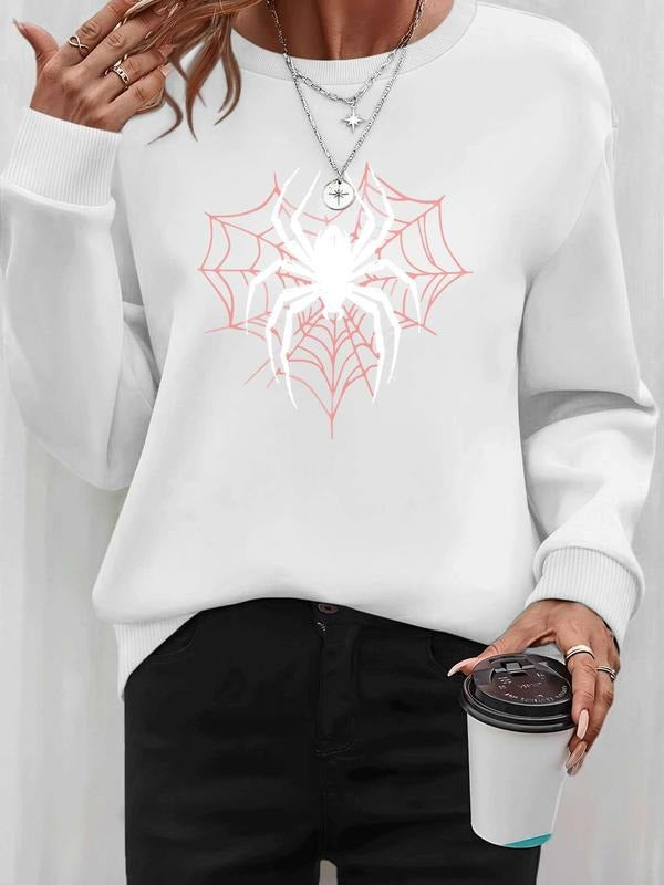 Women's Halloween Spider Print Pullover Sweatshirt, Casual Long Sleeve Fitted Top for Spring & Fall, Available in 7...