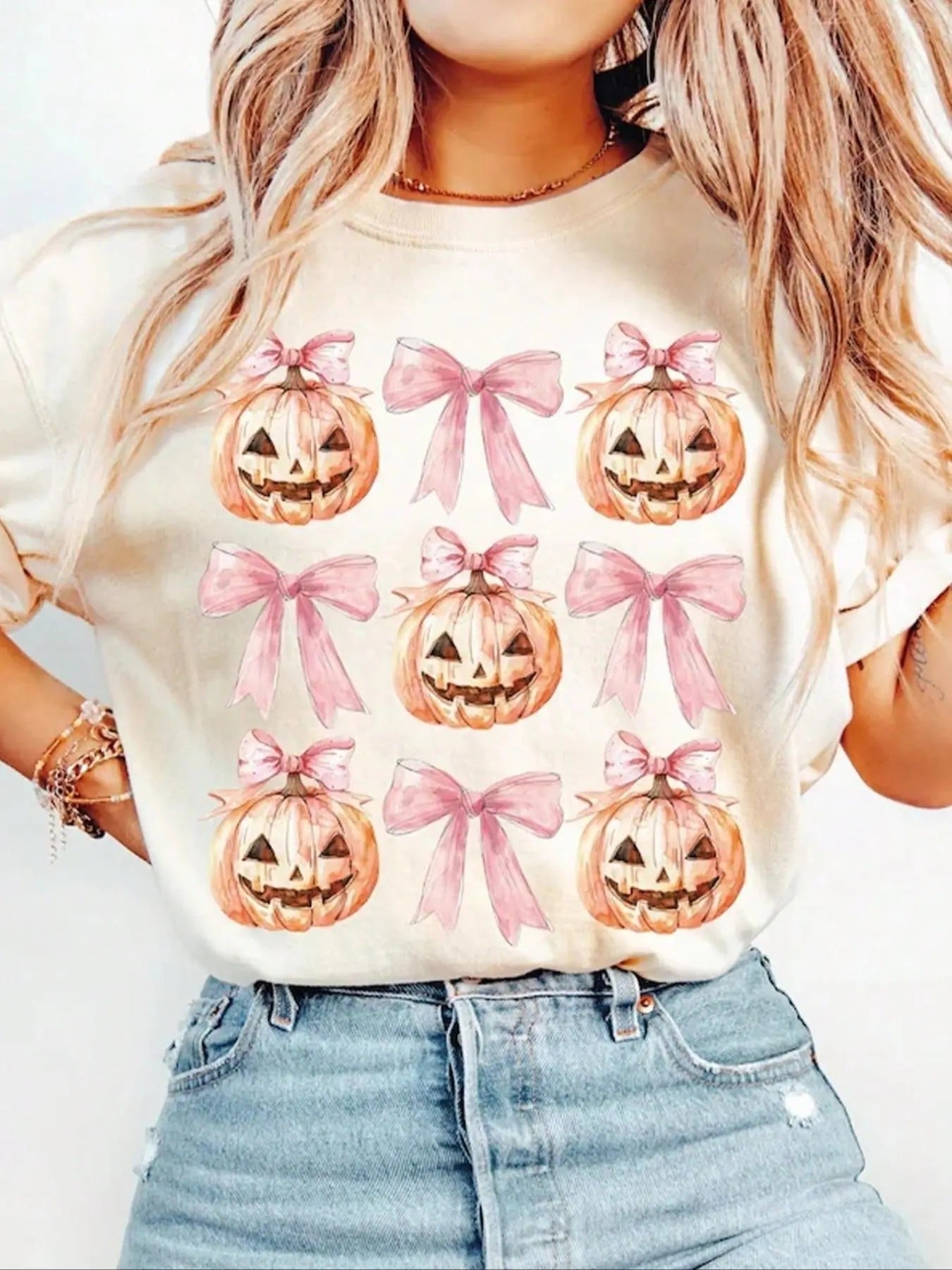 Halloween Themed Bowknot & Pumpkin Print Round Neck Y2K Short Sleeve Summer Clothes Daily Shirt Hoodie Sweatshirt