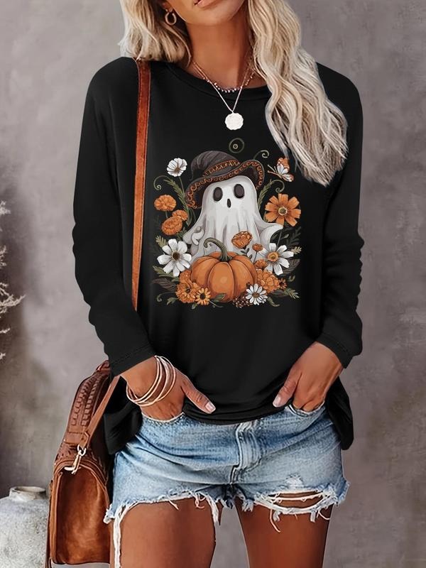 Women's Halloween Themed Ghost & Floral & Pumpkin Print Round Neck Tee, Casual Long Sleeve Crew Neck T-Shirt for Fall &...