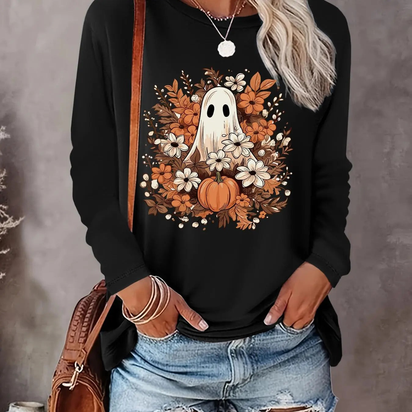 Women's Halloween Themed Ghost & Floral Print Round Neck Tee, Casual Long Sleeve Crew Neck T-shirt for Fall & Winter,...