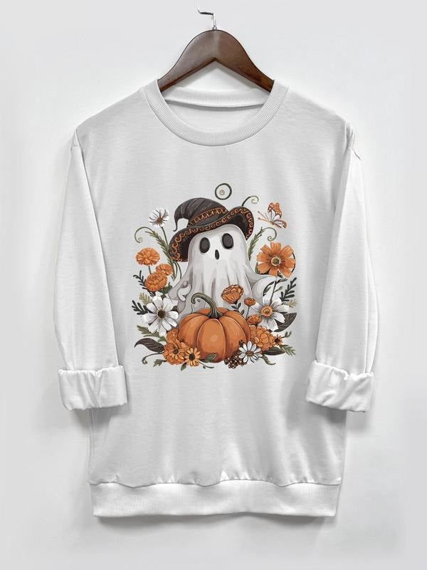 Women's Halloween Themed Ghost & Pumpkin Print Round Neck Tee, Fashion Casual Long Sleeve T-shirt for Daily Holiday...