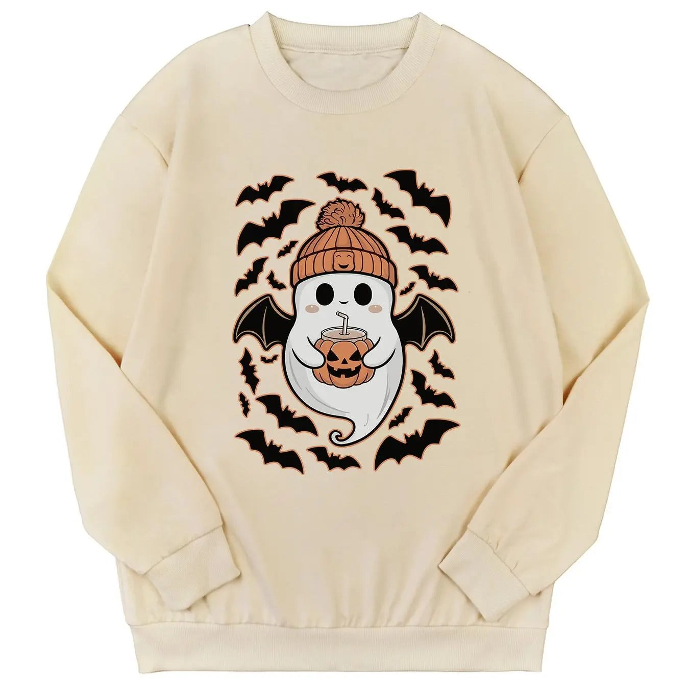 Women's Halloween Themed Ghost Print Drop Shoulder Sweatshirt, Casual Long Sleeve Round Neck Pullover for Daily Wear,...
