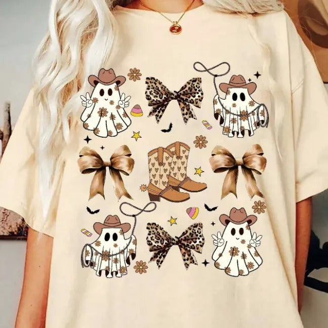 Women's Halloween Themed Ghost Print Round, Ghost Halloween Shirt Hoodie Sweatshirt | PrintMintTees.com