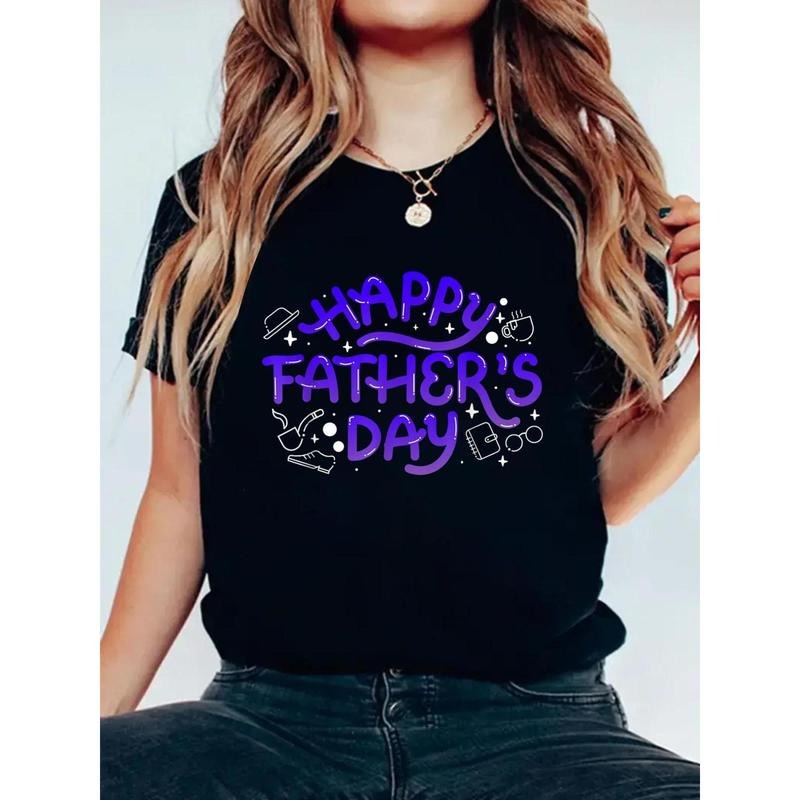 Women's Happy Father's Day Graphic T-Shirt - Bold Purple Lettering & Star Design, Short Sleeve Round Neck Casual Top,...