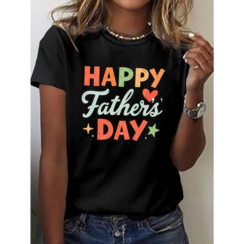 Women's Happy Father's Day Graphic T-Shirt - Short Sleeve Crew Neck Casual Top with Vibrant Geometric Print, Medium...