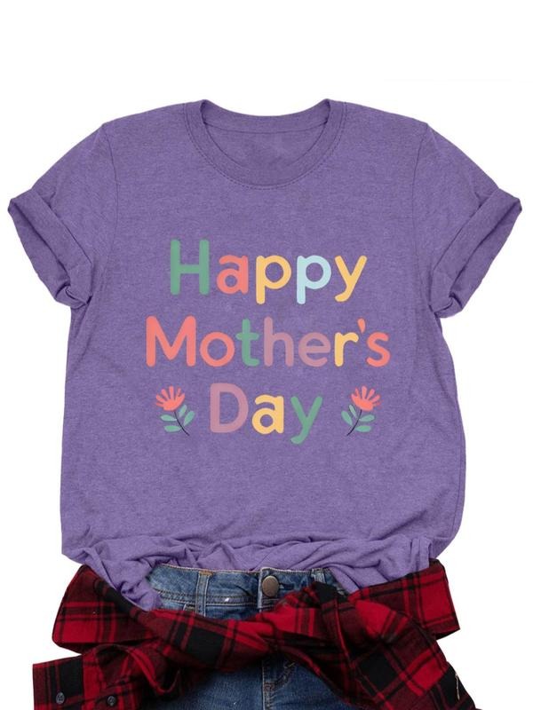 Women's Happy Mother's Day Print Round Neck Tee, Fashion Casual Crew Neck T-Shirt for Daily Holiday Vacation Outdoor...