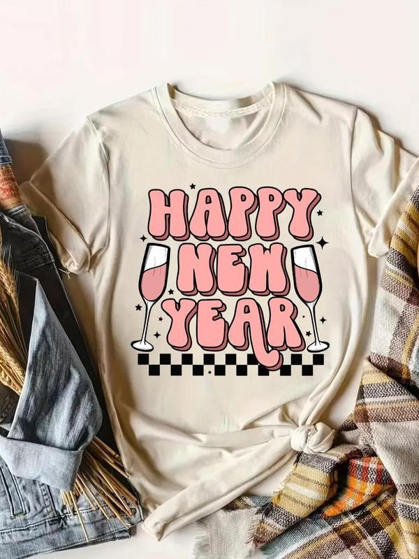 Women's Happy New Year Print Round Neck Graphic Tee, 1 Count Casual Short Sleeve T-shirt for Daily Wear, Ladies Clothes...
