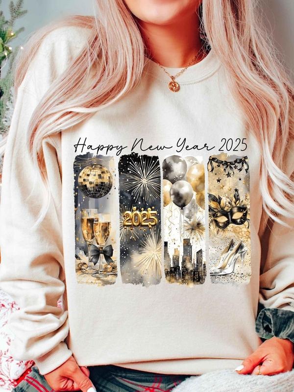 Women's Happy New Year Themed Graphic Print Crew Neck Sweatshirt, Casual Long Sleeve Pullover, Women's Fall & Winter...