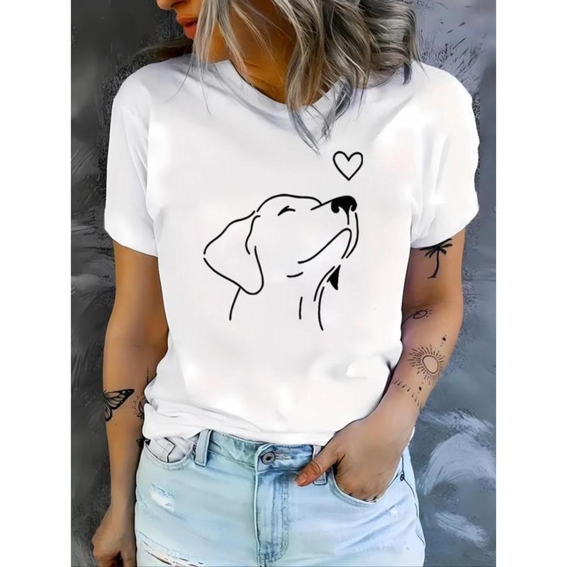 Women's Heart & Dog Print Round Neck Tee, Fashion Casual Short Sleeve T-shirt, Ladies Summer Clothes for Daily Wear...