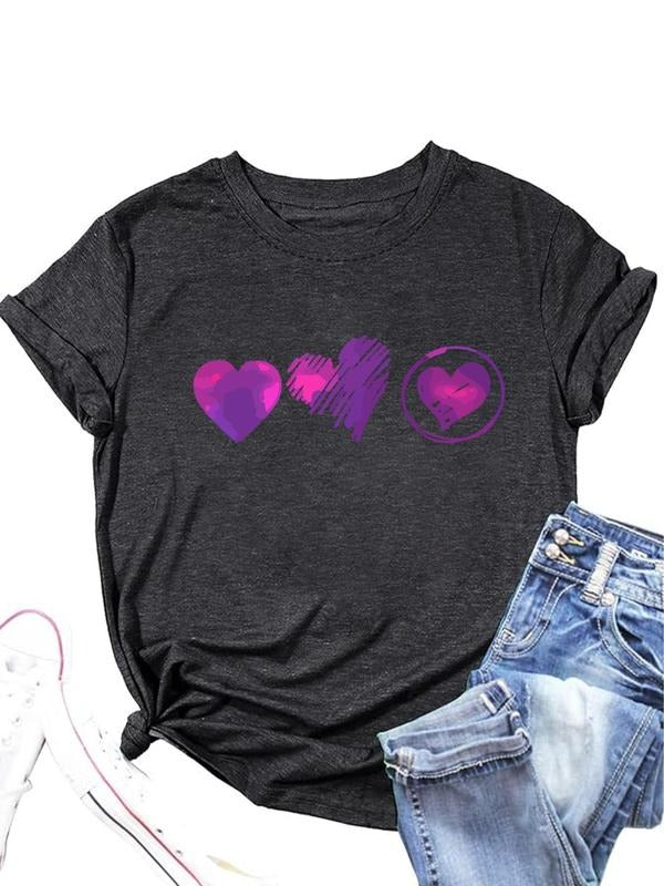 Women's Heart & Geometric Print Round Neck Tee, Casual Short Sleeve Crew Neck T-shirt for Daily Wear, Ladies Clothes for...