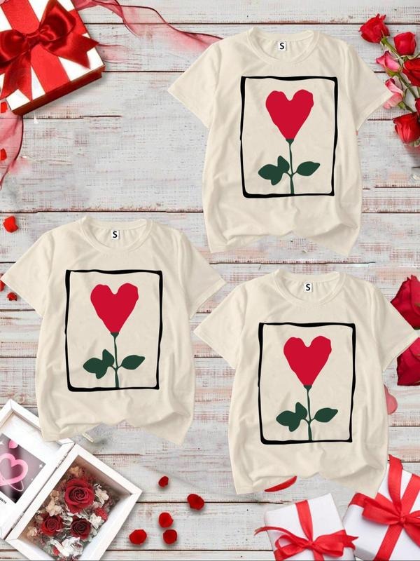 Women's Heart & Leaf Print Round Neck Tee, Casual Short Sleeve T-shirt for Daily Wear, Ladies Clothes for All Seasons...