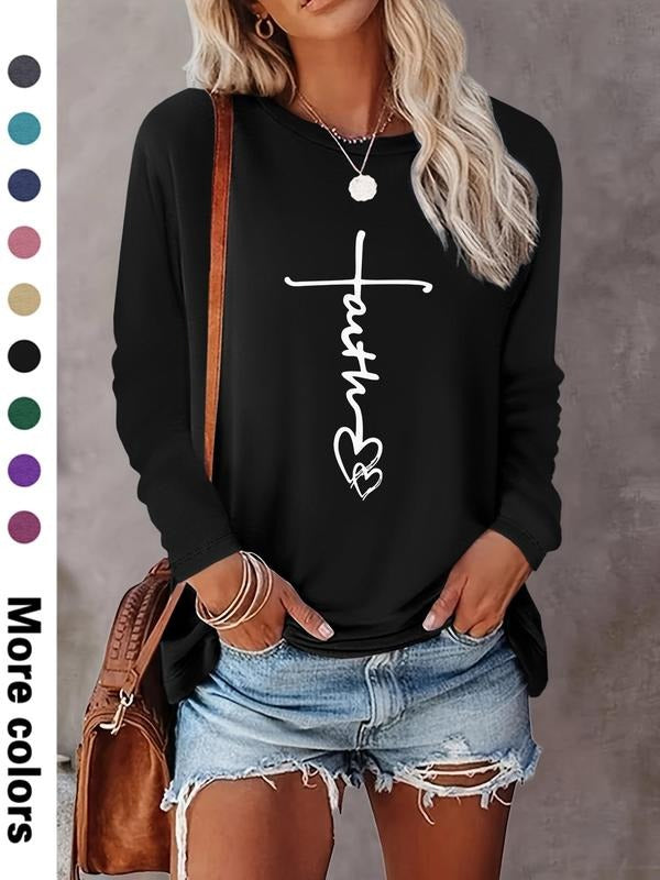 Women's Heart & Letter Print Round Neck Tee, Casual Long Sleeve Crew Neck T-shirt for Daily Wear, Ladies Clothes for All...