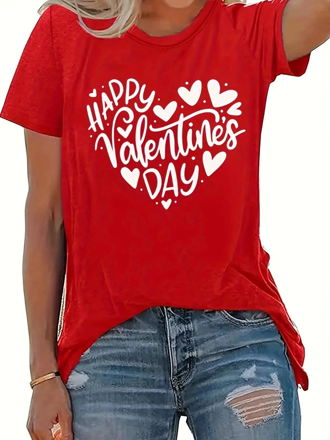 Women's Heart & Letter Print Round Neck Tee, Casual Short Sleeve Crew Neck T-shirt for Daily Wear, Ladies Clothes for All...