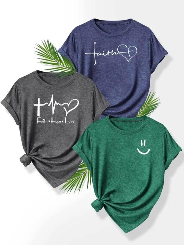 Women's Heart & Letter Print Round Neck Tee, Casual Short Sleeve Crew Neck T-shirt for Daily Wear, Ladies Clothes for...