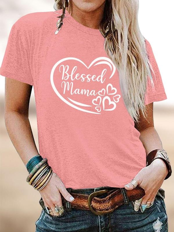 Women's Heart & Letter Print Round Neck Tee, Fashion Casual Crew Neck T-Shirt for Daily Holiday Vacation Outdoor Wear,...